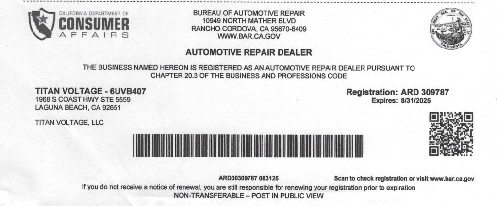 Bureau of automotive repair BAR License for Titan Voltage